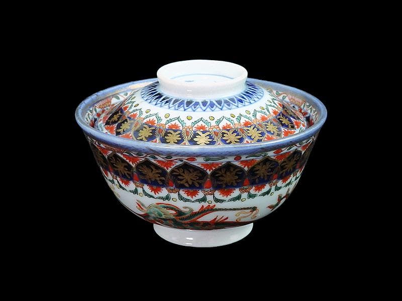 古伊万里　金襴手　瓔珞紋に龍の図　大振蓋茶碗　文政6年　D821AS-CIt