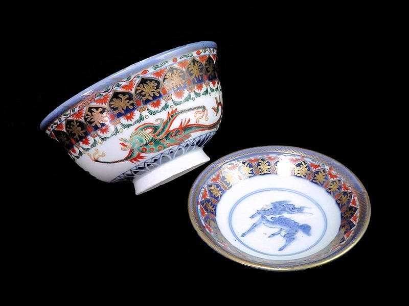 古伊万里　金襴手　瓔珞紋に龍の図　大振蓋茶碗　文政6年　D821AS-CIt