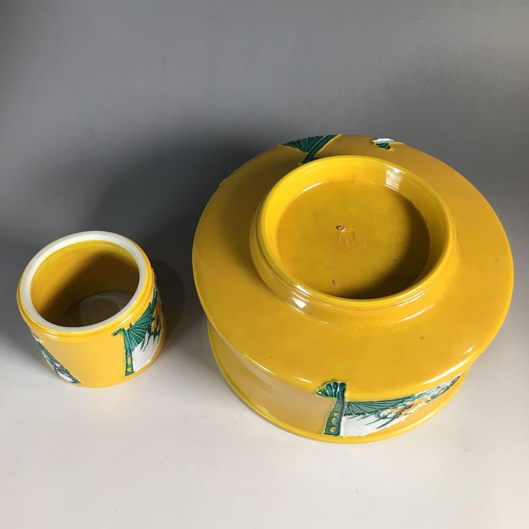 Ｎ４２１　皆具　『高野昭阿弥造』『黄交趾扇面文』『水指　建水　蓋置　杓立』　共箱