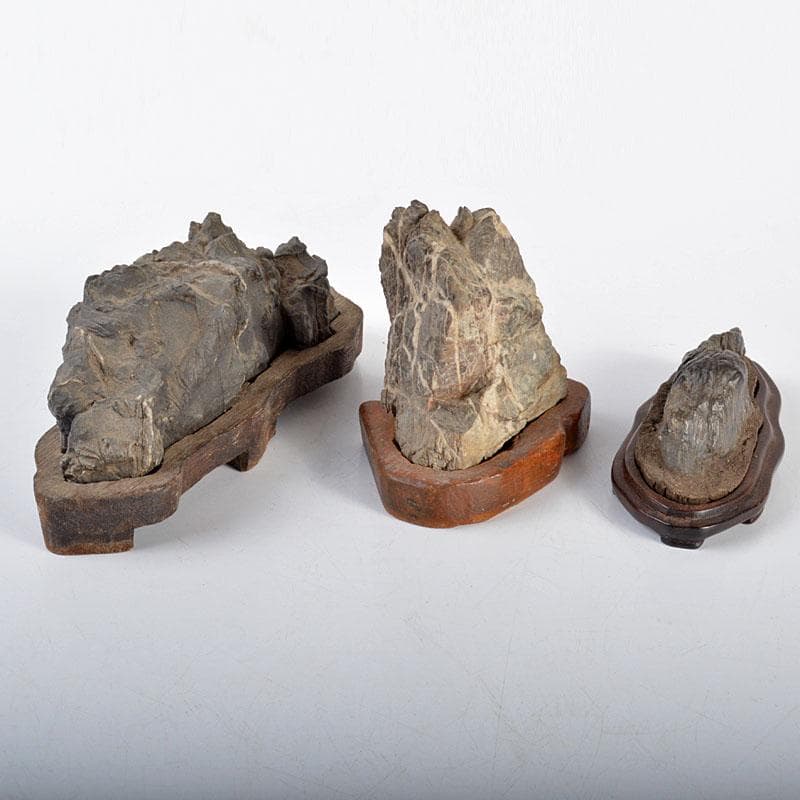 天然石　鑑賞石　太湖石　霊壁石　置物　台付　3点まとめて　V　R4367