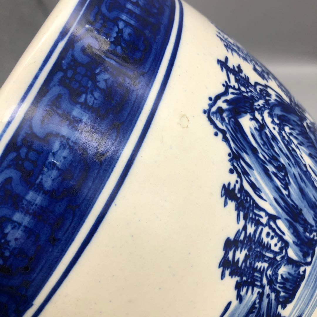 たちばな焼陶器藍色染め付け山水画火鉢24cm伝統工芸骨董品メダカ金魚睡蓮鉢