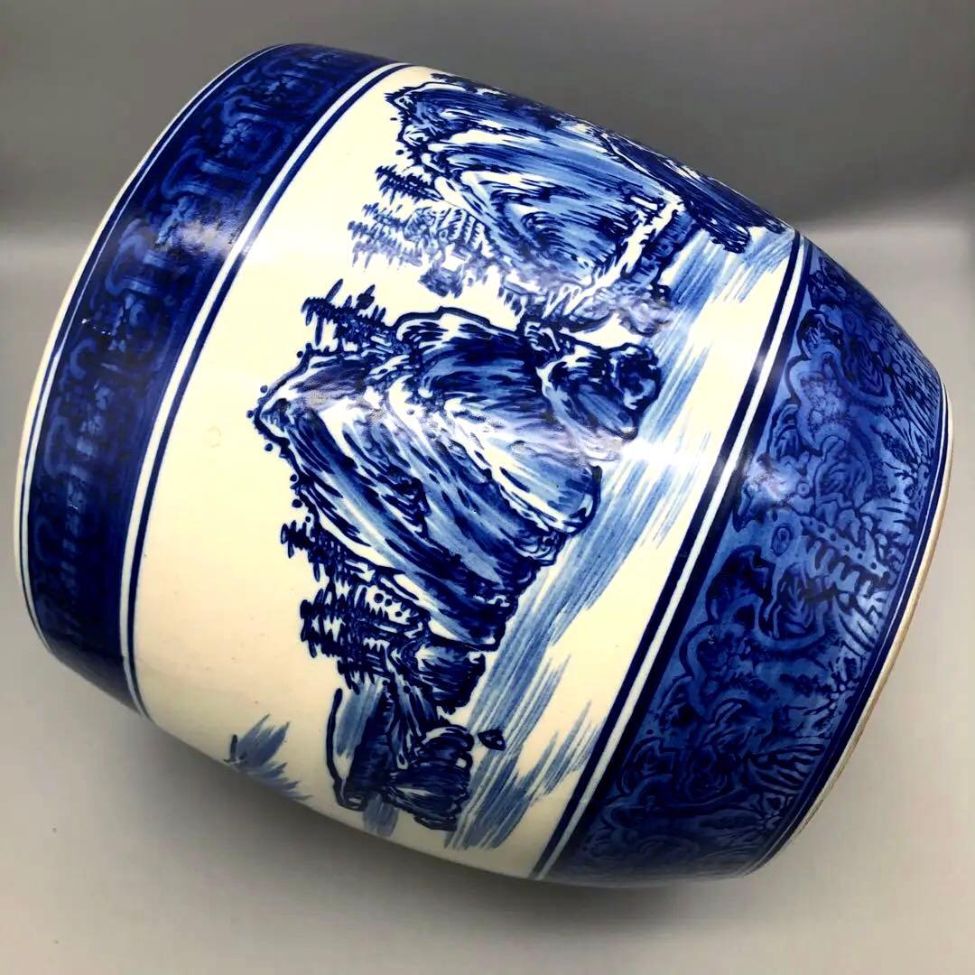 たちばな焼陶器藍色染め付け山水画火鉢24cm伝統工芸骨董品メダカ金魚睡蓮鉢