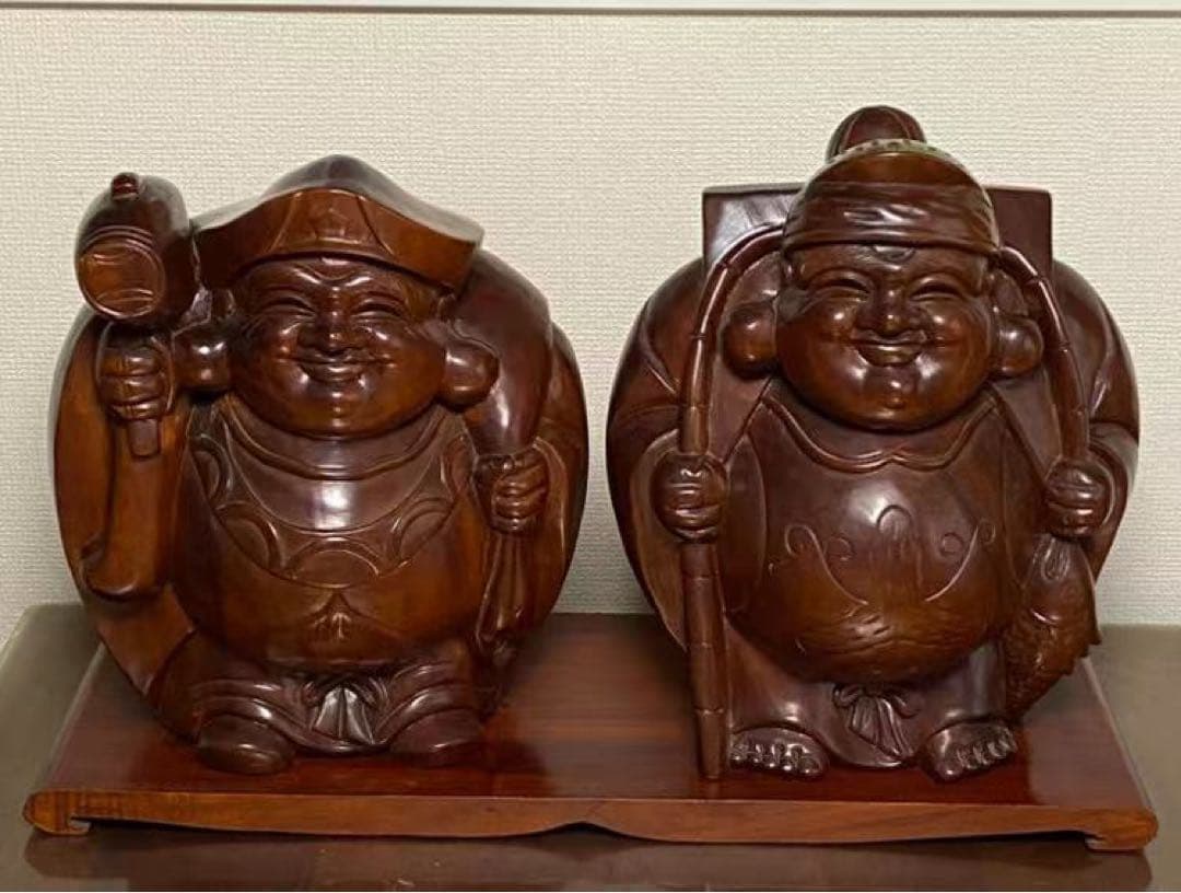 七福神 恵比寿と大黒天木彫 天然木彫刻 置物 開運風水 縁起物 商売繁盛 年代物