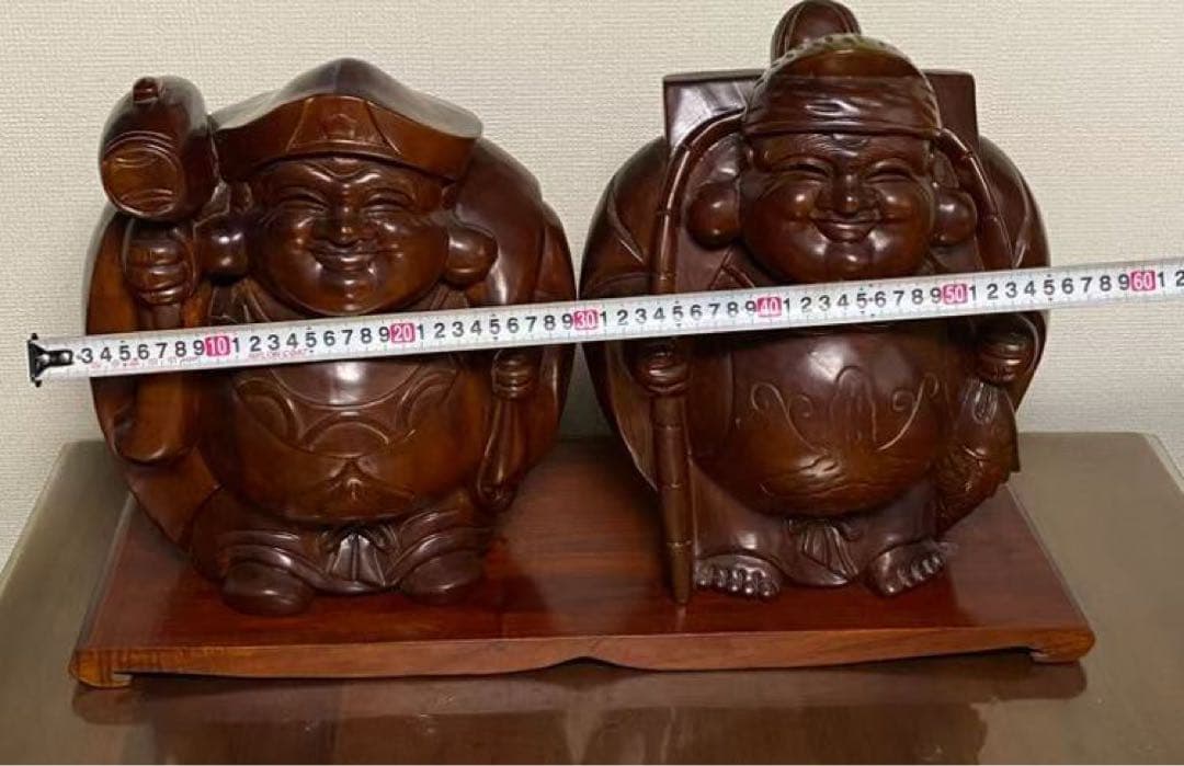 七福神 恵比寿と大黒天木彫 天然木彫刻 置物 開運風水 縁起物 商売繁盛 年代物