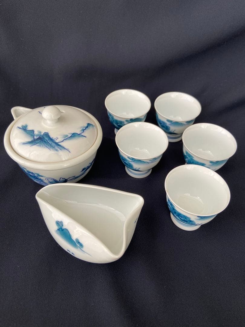 畑萬陶苑 畑萬作 角萬印 染付山水絵 茶器セット 玉露茶器 煎茶器 松山窯