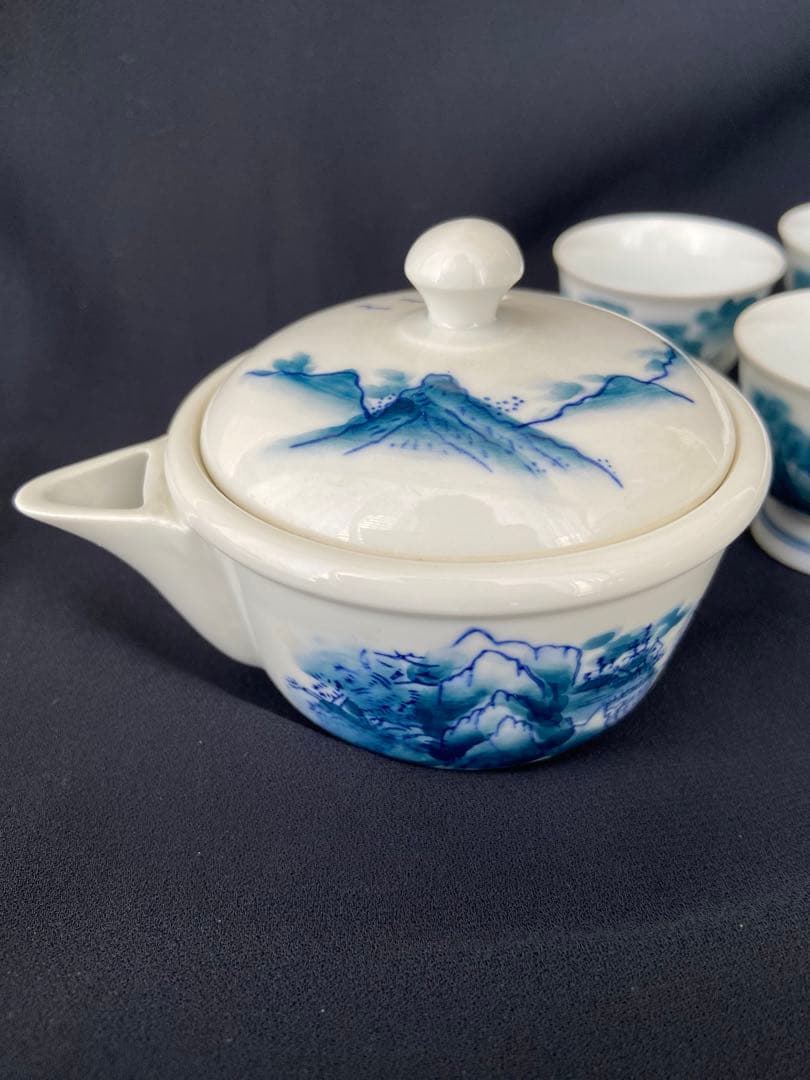 畑萬陶苑 畑萬作 角萬印 染付山水絵 茶器セット 玉露茶器 煎茶器 松山窯