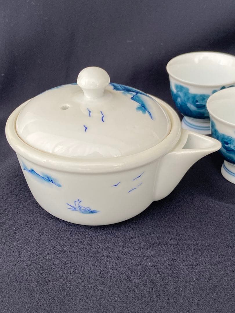 畑萬陶苑 畑萬作 角萬印 染付山水絵 茶器セット 玉露茶器 煎茶器 松山窯