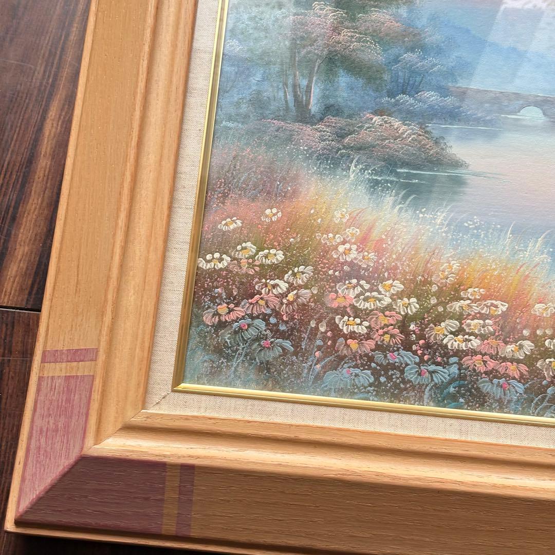 絵画　作者不詳　夕陽に映えるお花畑　油彩画