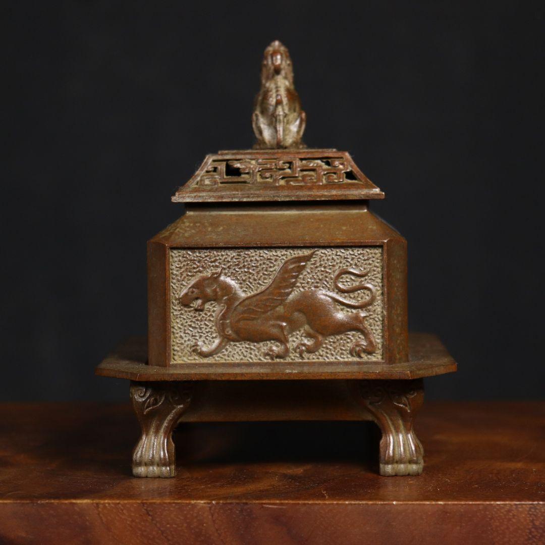 浮彫方香炉 透かし彫り四大神獣炉 獣蓋三体炉 浄化炉 香具 装飾品 工芸品 置物