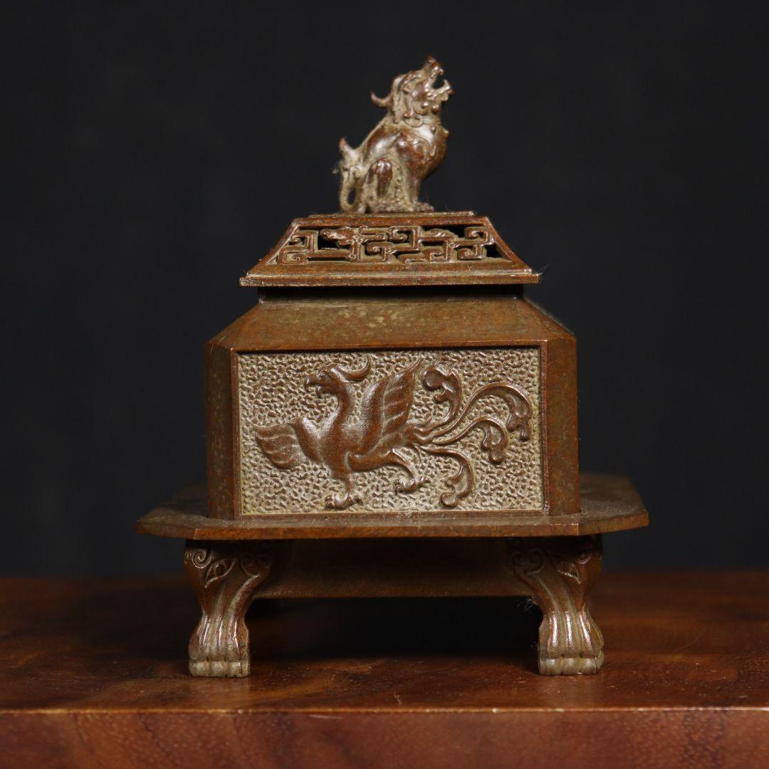 浮彫方香炉 透かし彫り四大神獣炉 獣蓋三体炉 浄化炉 香具 装飾品 工芸品 置物