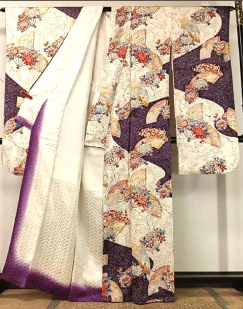 振袖 フルセット５点特価　サイズM正絹　 扇子花文　刺繍西陣袋帯