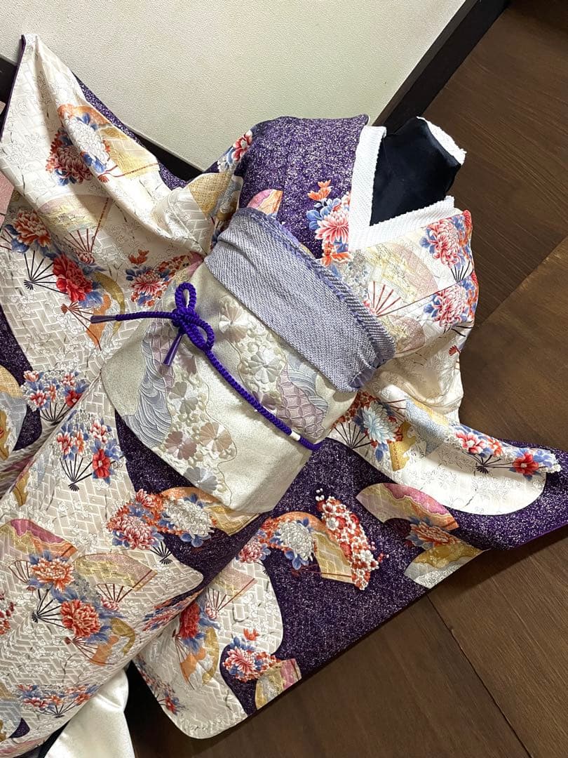 振袖 フルセット５点特価　サイズM正絹　 扇子花文　刺繍西陣袋帯