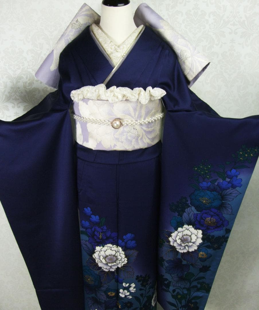 モダン洋花　無地　ぼかし染め　正絹振袖フルセット　成人式　ｍ35