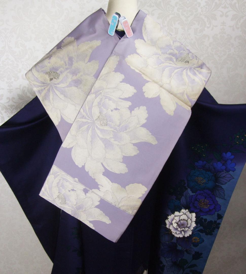 モダン洋花　無地　ぼかし染め　正絹振袖フルセット　成人式　ｍ35