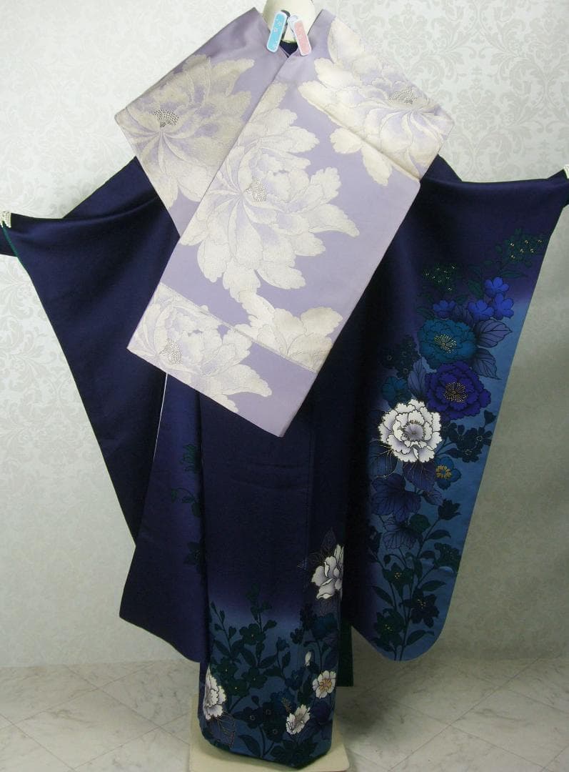 モダン洋花　無地　ぼかし染め　正絹振袖フルセット　成人式　ｍ35