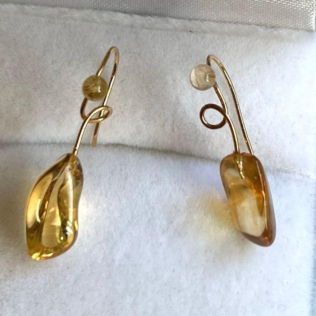 K18 シトリン フックピアス 刻印あり｜天然石 ゴールド 大人ジュエリー
