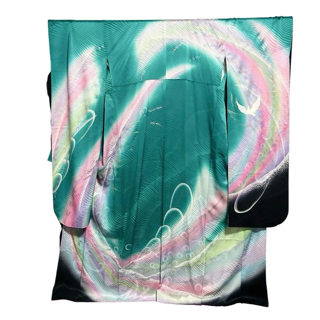 正絹　振袖　フルセット　６点　モダン　成人式　個性的　トール　裄丈長め