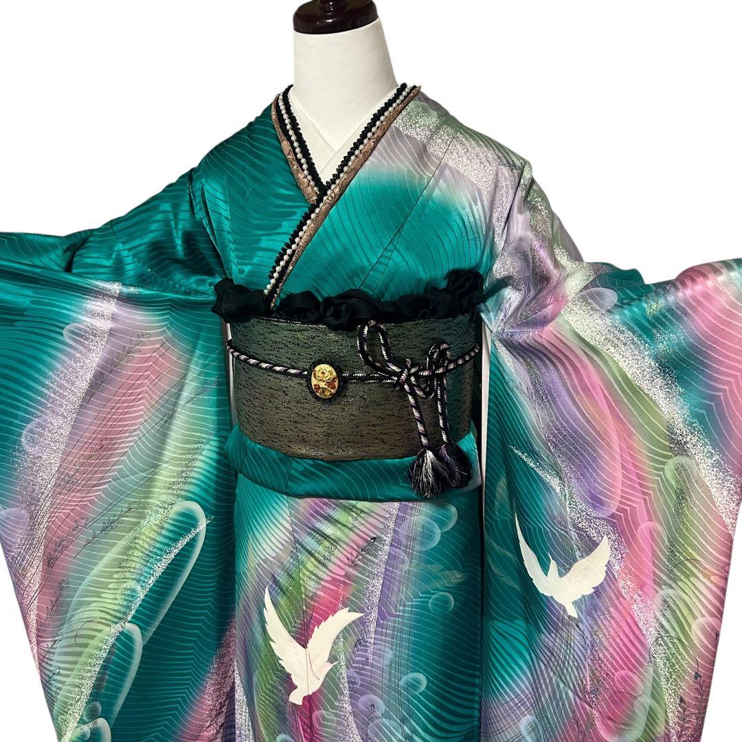 正絹　振袖　フルセット　６点　モダン　成人式　個性的　トール　裄丈長め