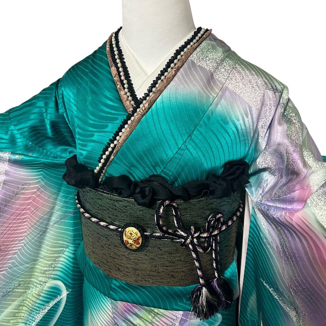 正絹　振袖　フルセット　６点　モダン　成人式　個性的　トール　裄丈長め