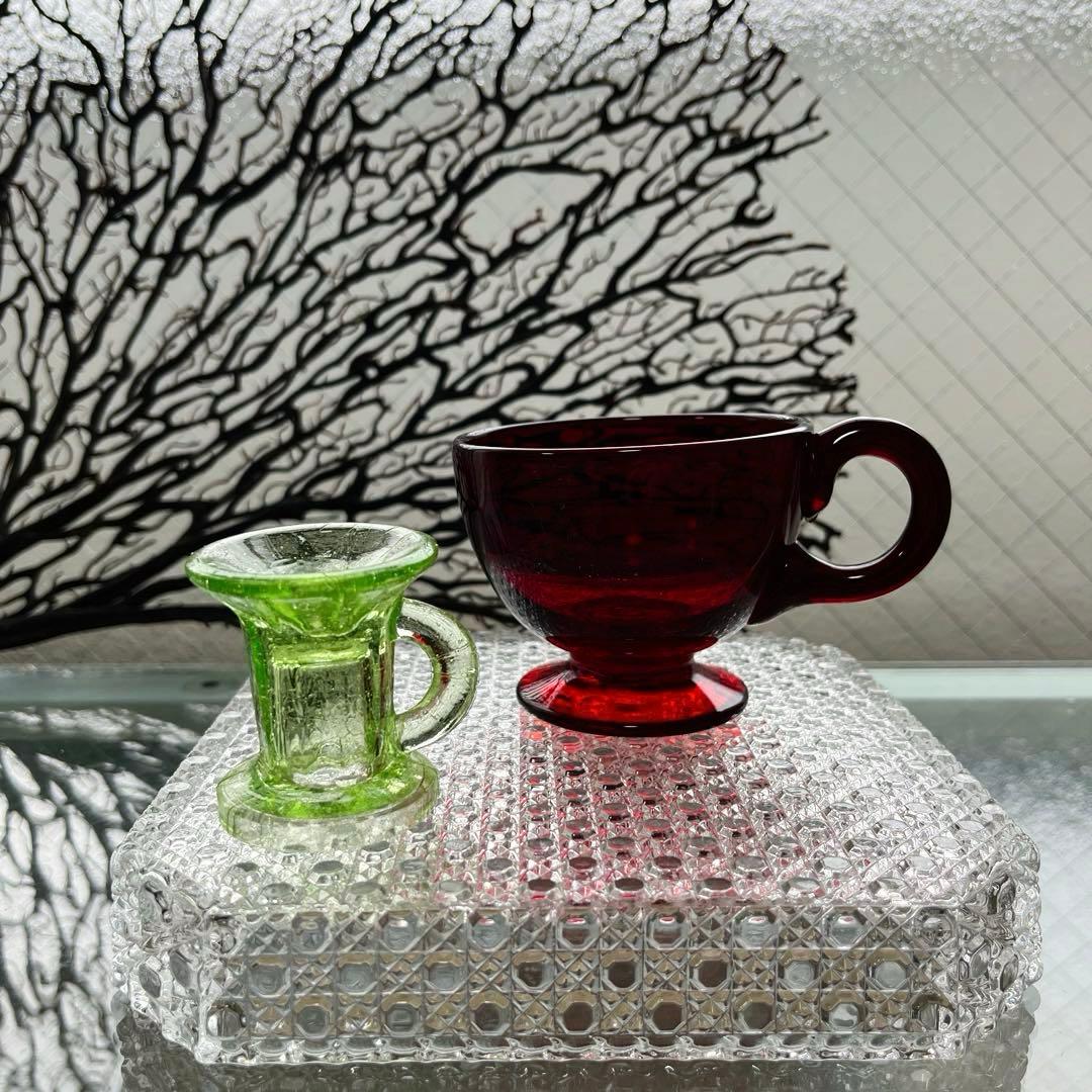 骨董　時代ガラス　希少緋色　朱赤　赤胴　取手付き　アイスクリームコップ　氷コップ