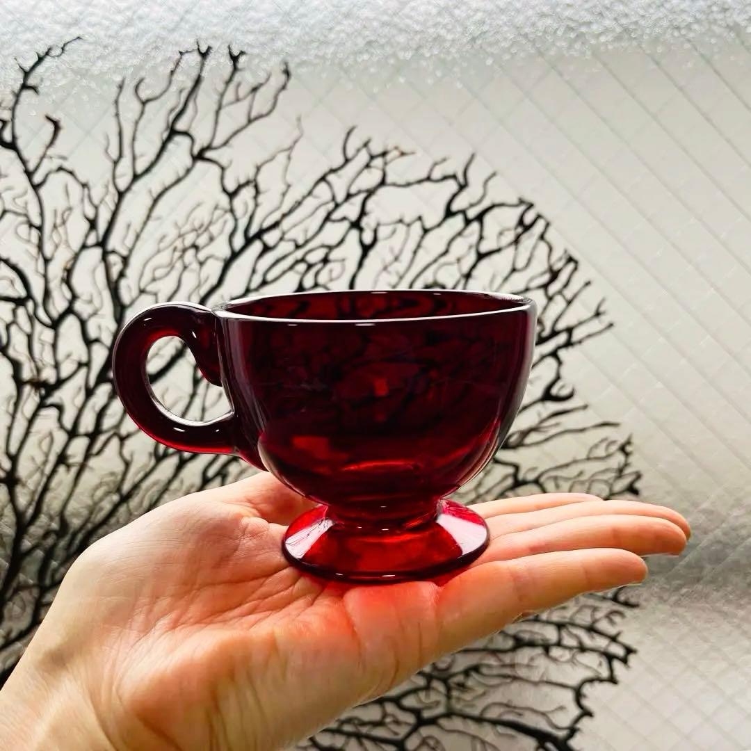 骨董　時代ガラス　希少緋色　朱赤　赤胴　取手付き　アイスクリームコップ　氷コップ