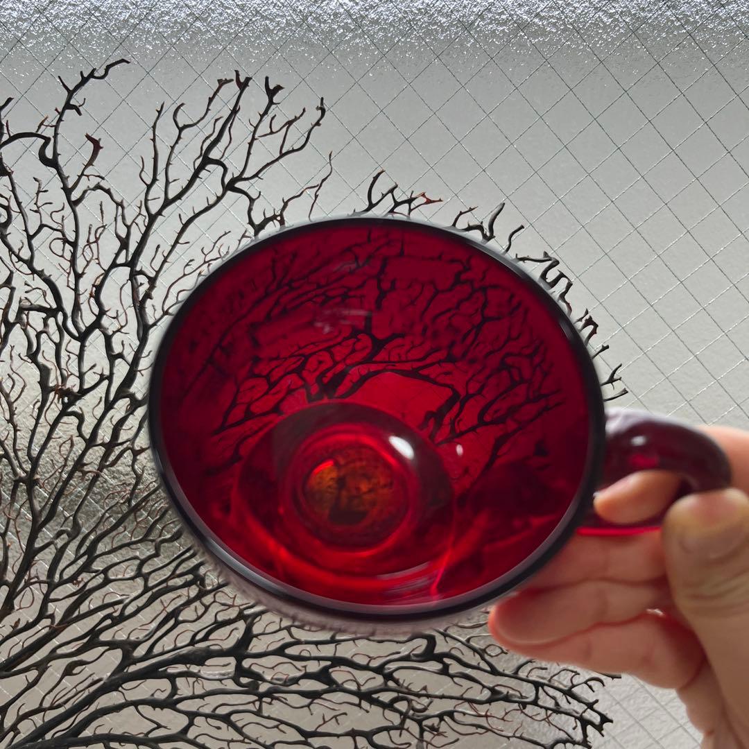 骨董　時代ガラス　希少緋色　朱赤　赤胴　取手付き　アイスクリームコップ　氷コップ