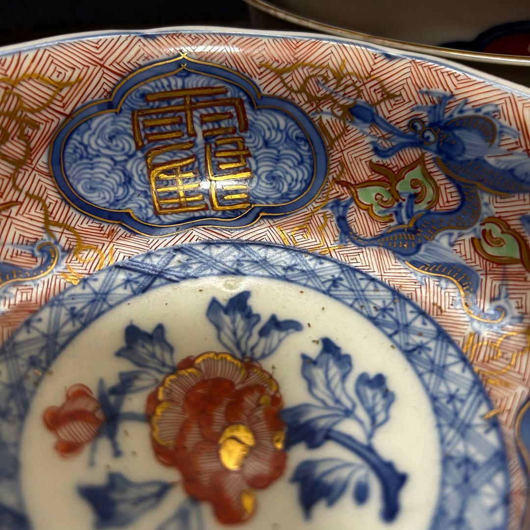 江戸期〜明治期の最上手の金蘭手古伊万里「華龍図皿三枚揃」本物保証