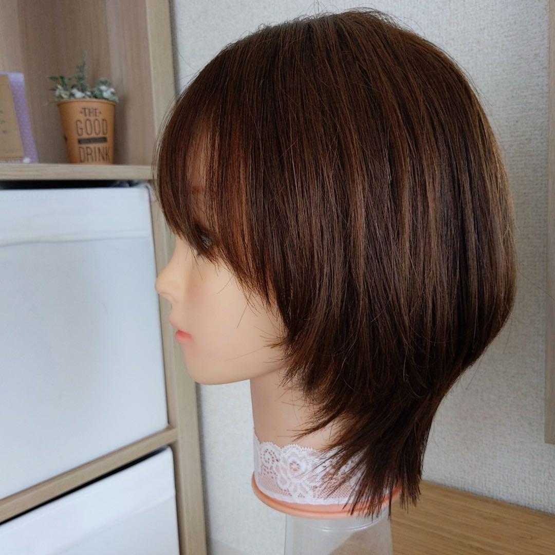 ★サラサラ人毛100%ウイッグ★ショートウルフ　ブラウン　人毛ウイッグ　 かつら