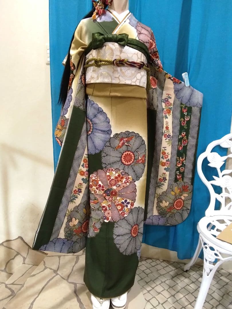 振袖フルセット、正絹振袖レトロ、成人式、重ね衿、帯揚げ帯締め、西陣高級袋帯、襦袢