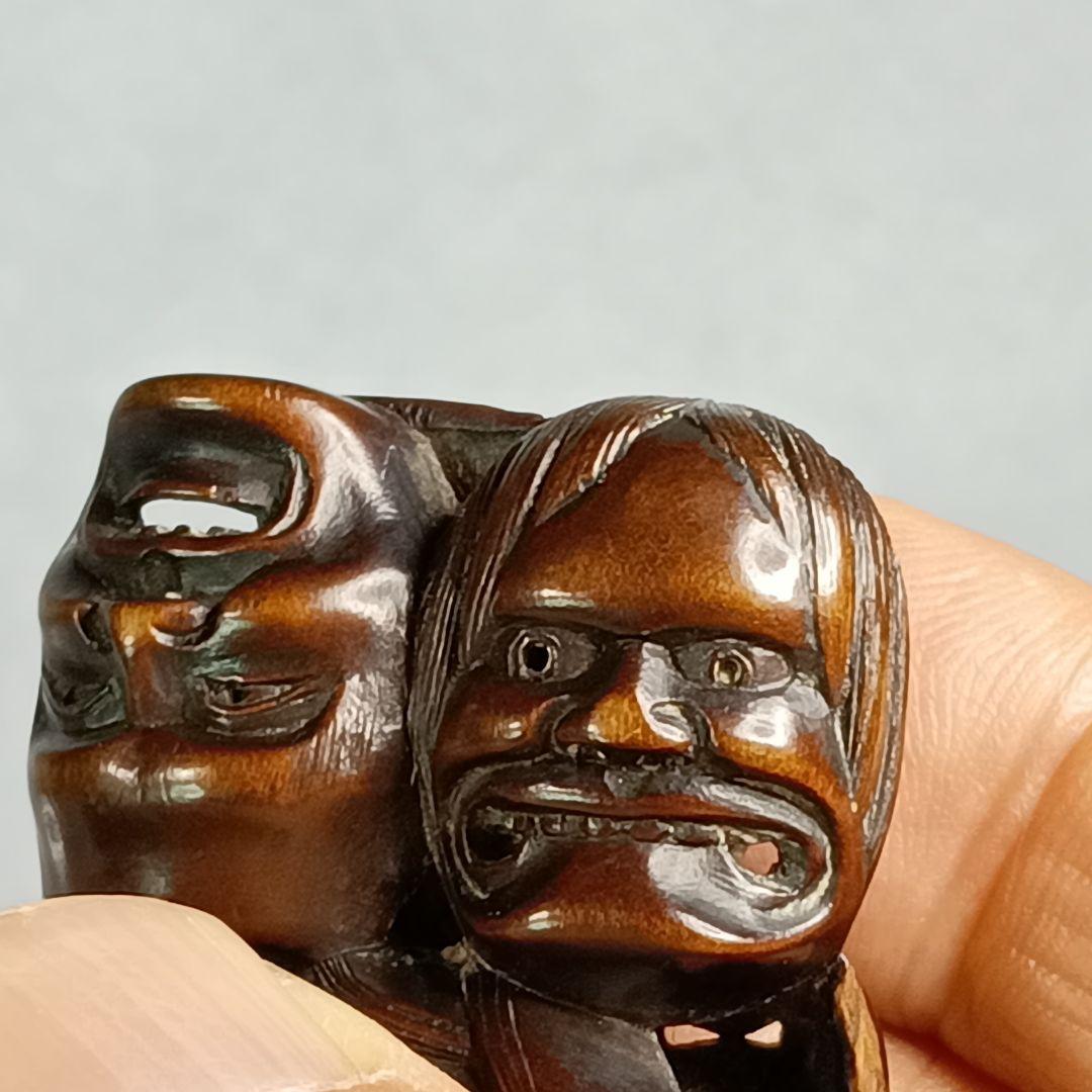 柘植彫 根付 能面尽くし 「おかめ 鬼 猩々 他六面 」 江戸時代