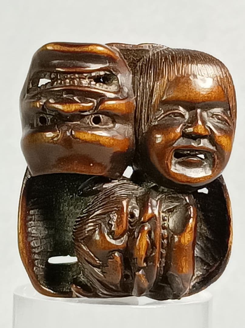 柘植彫 根付 能面尽くし 「おかめ 鬼 猩々 他六面 」 江戸時代