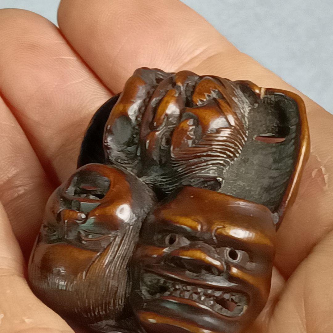 柘植彫 根付 能面尽くし 「おかめ 鬼 猩々 他六面 」 江戸時代