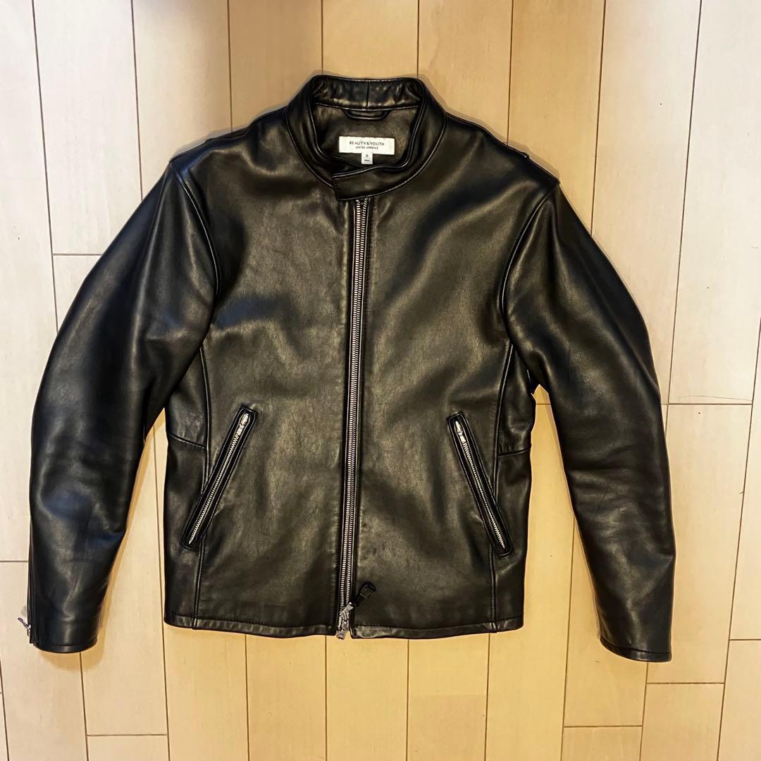 BEAUTY & YOUTH シングル ライダース・ジャケット（羊革、ブラック）