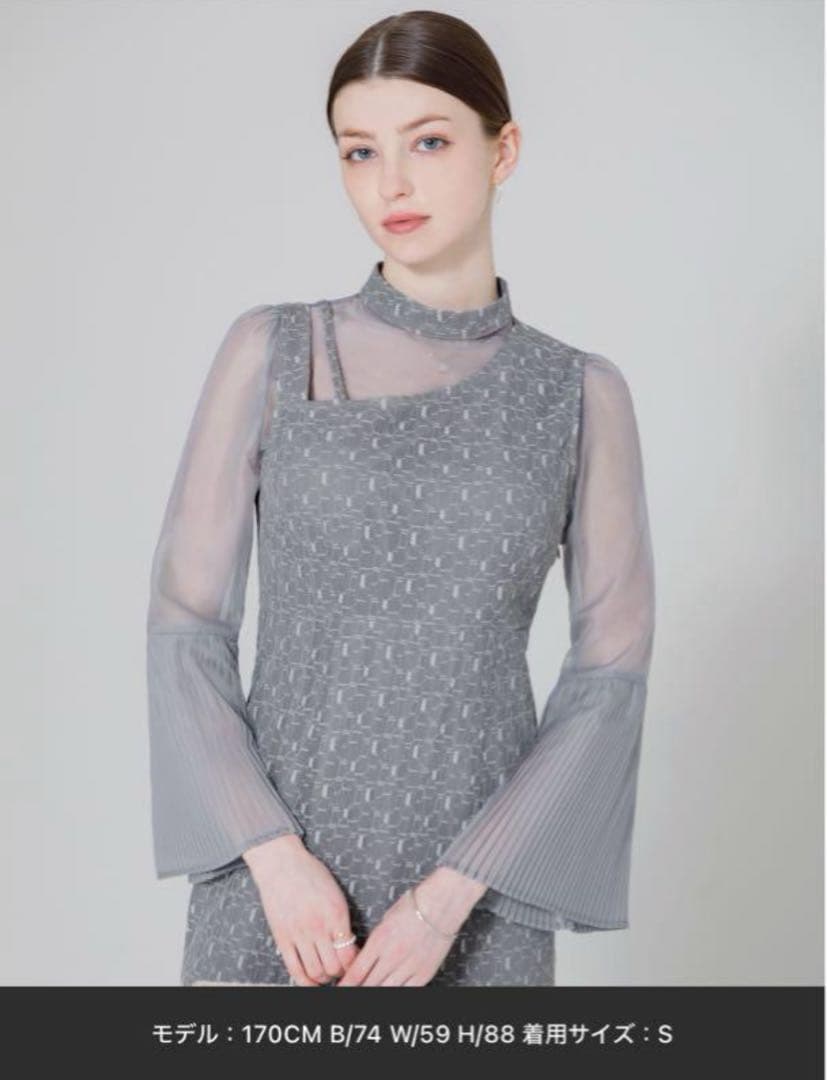 【LEJA】ハイネックレース刺繍長袖パフスリーブフレアプリーツ