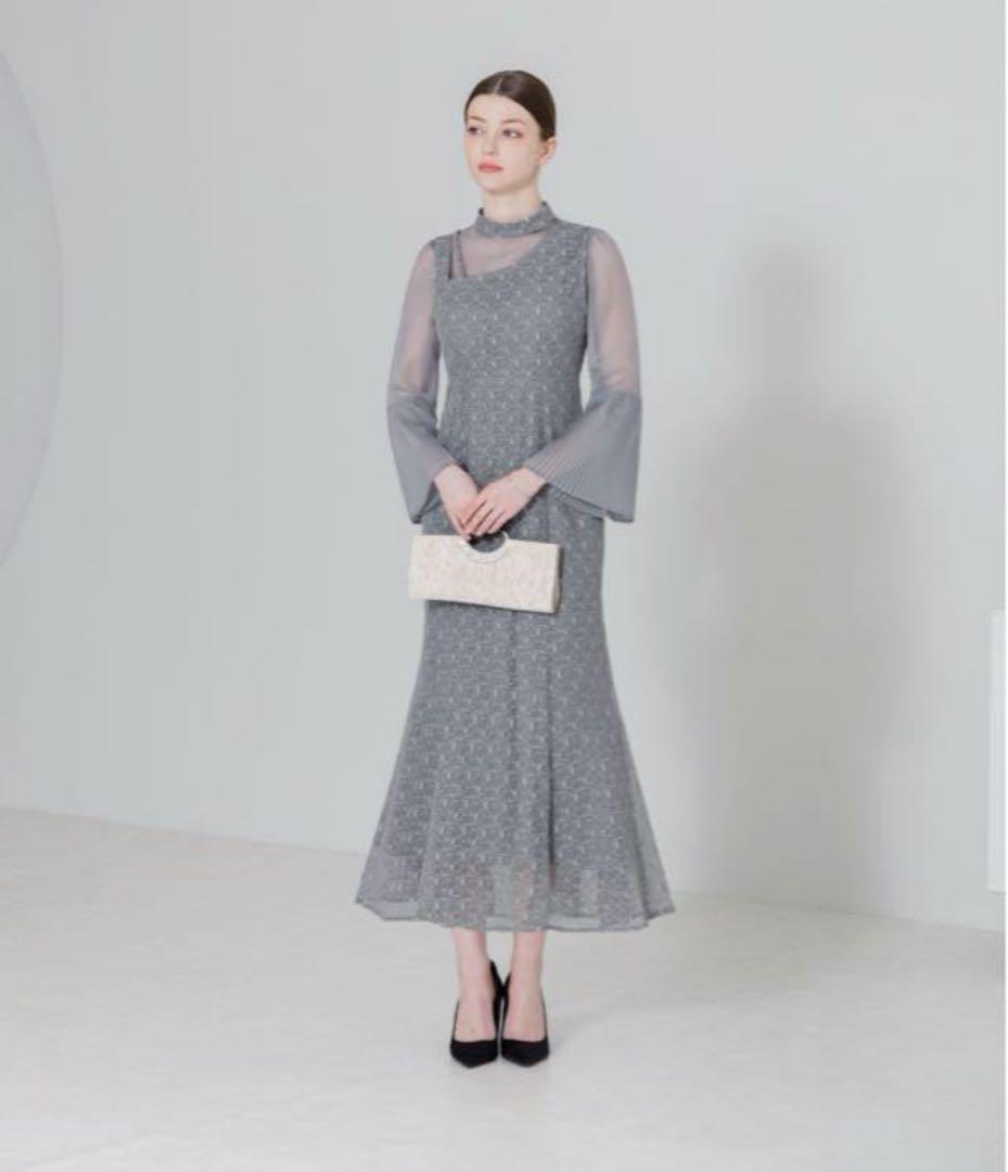 【LEJA】ハイネックレース刺繍長袖パフスリーブフレアプリーツ