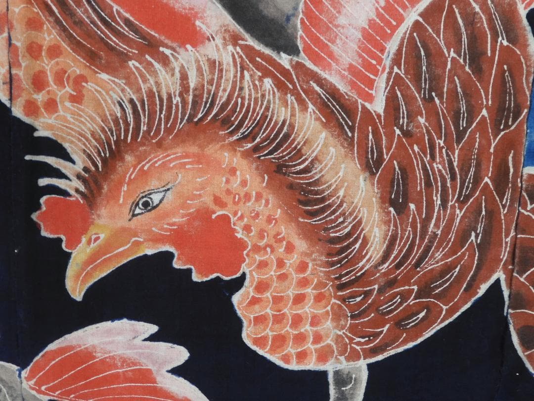 木綿・明治期・筒描4巾・鳳凰の番・アンティーク筒描き