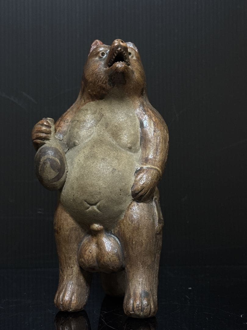 極珍 幕末〜明治期 初期狸 信楽焼 三点立 目透 狸 置物