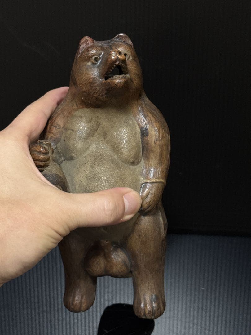 極珍 幕末〜明治期 初期狸 信楽焼 三点立 目透 狸 置物