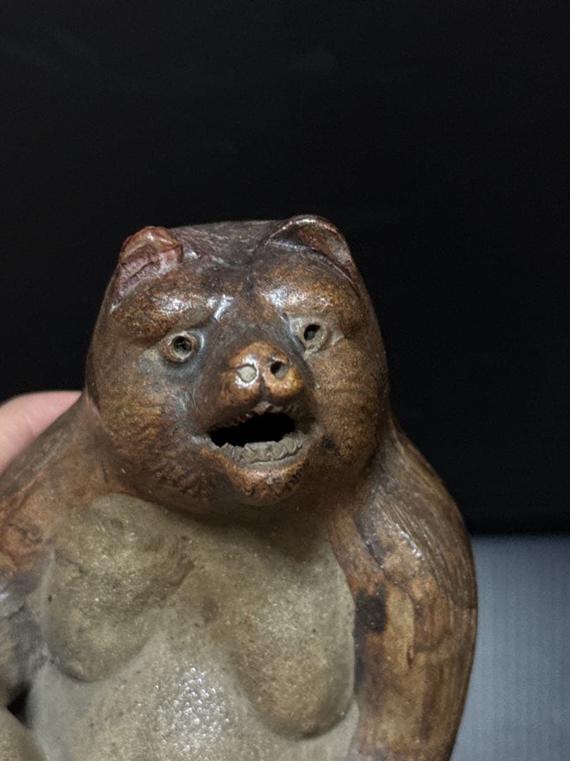 極珍 幕末〜明治期 初期狸 信楽焼 三点立 目透 狸 置物