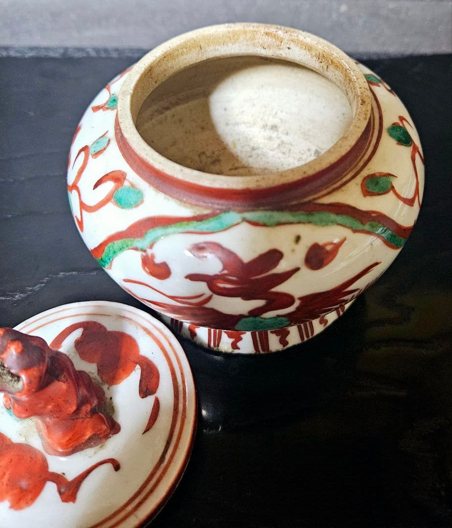 【本物保証❗】中国古陶磁　明朝明代　古赤絵　天啓赤絵　獅子摘　花に鳳凰の図　香炉