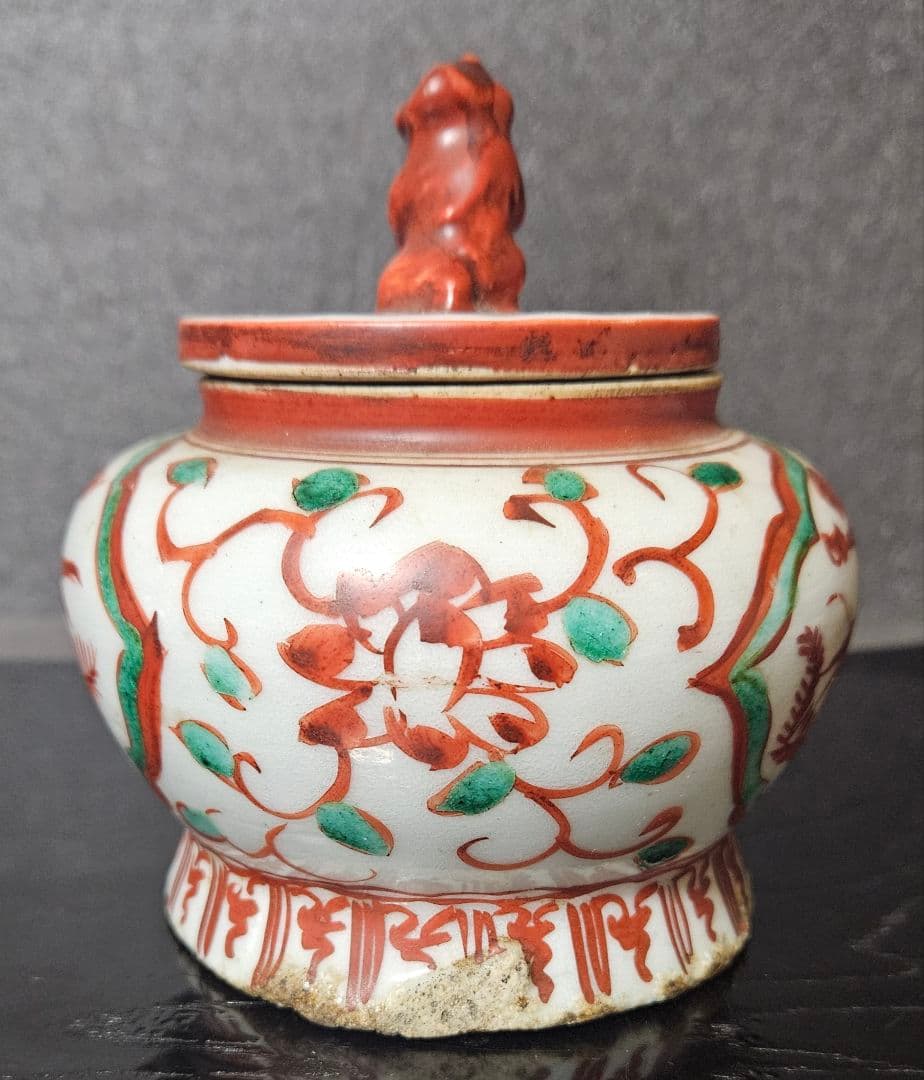 【本物保証❗】中国古陶磁　明朝明代　古赤絵　天啓赤絵　獅子摘　花に鳳凰の図　香炉