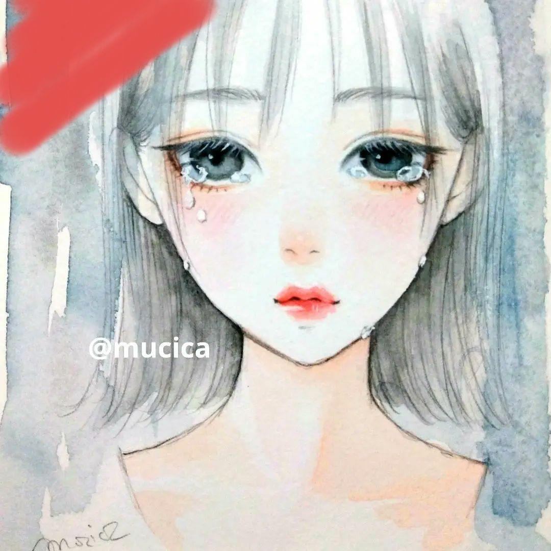 肉筆原画　絵画　手描きイラスト　オリジナル　水彩画　美人画手描きイラスト　涙