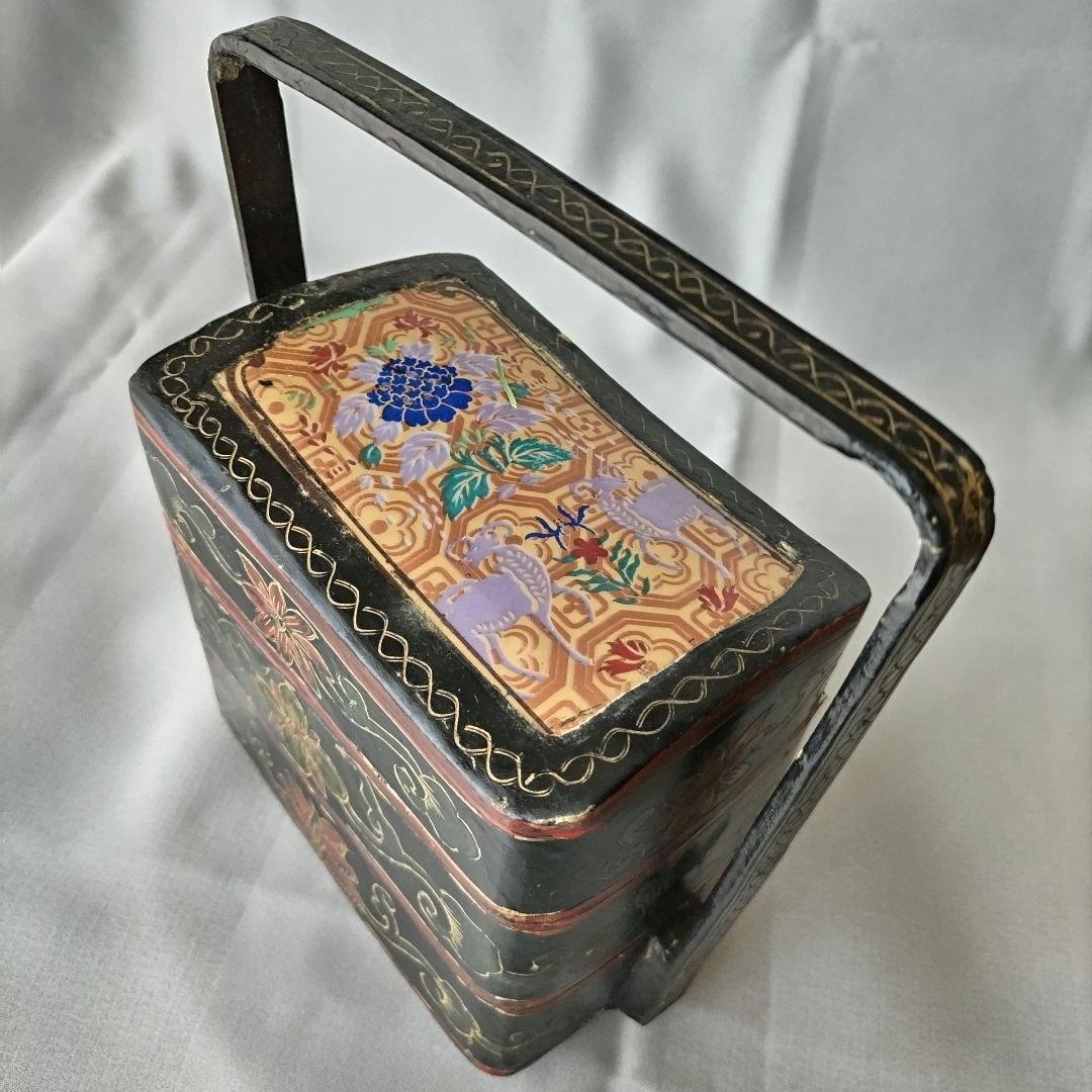 重箱 陶器蓋 草花 鹿 二段重 骨董 ヴィンテージ 時代物 中国 アジア