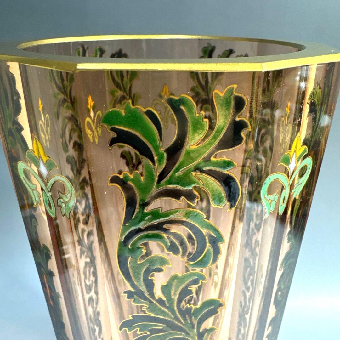 窯彩硝子 雨宮喜能登 エナメル 金彩 フラワーベース 花瓶 クリスタルガラス