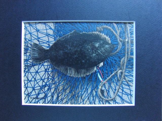 玉之内満雄、釣れたかれい、希少な画集より、新品高級額