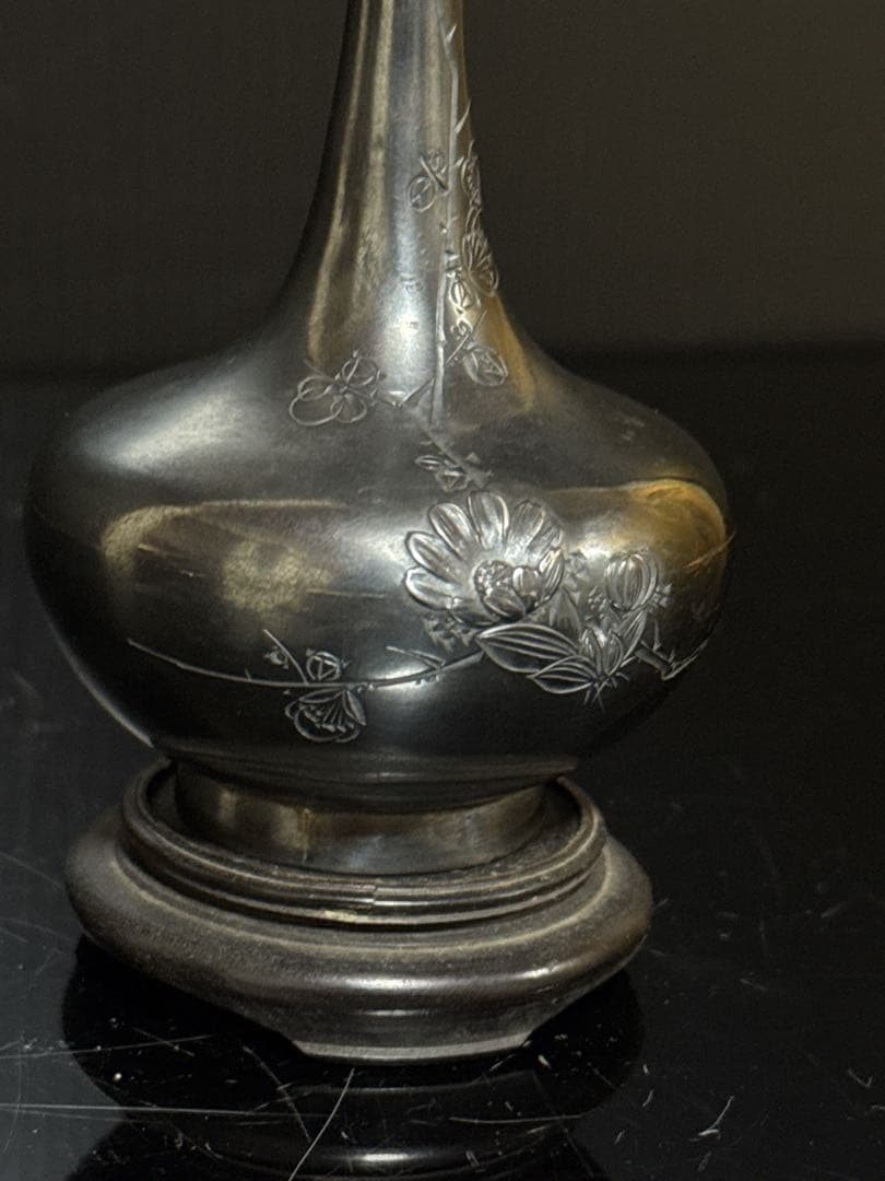 明治期 純銀 在銘 細密彫金 花図 花瓶 花生 約84.5g
