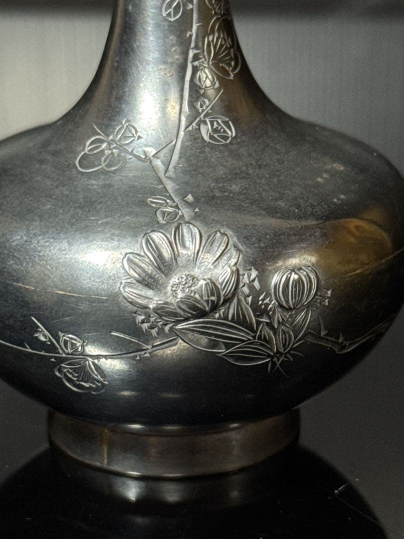 明治期 純銀 在銘 細密彫金 花図 花瓶 花生 約84.5g