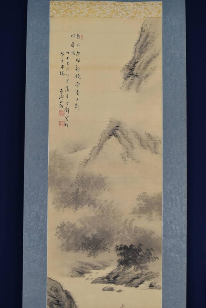 【真作】東洲/山水帆舟画賛/掛軸☆宝船☆AB-427