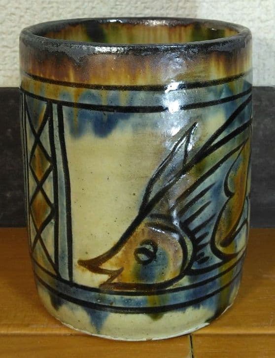 人間国宝 金城次郎 海老魚紋筒碗 栞 共箱(塗箱）壺屋焼 壷屋焼 やちむん