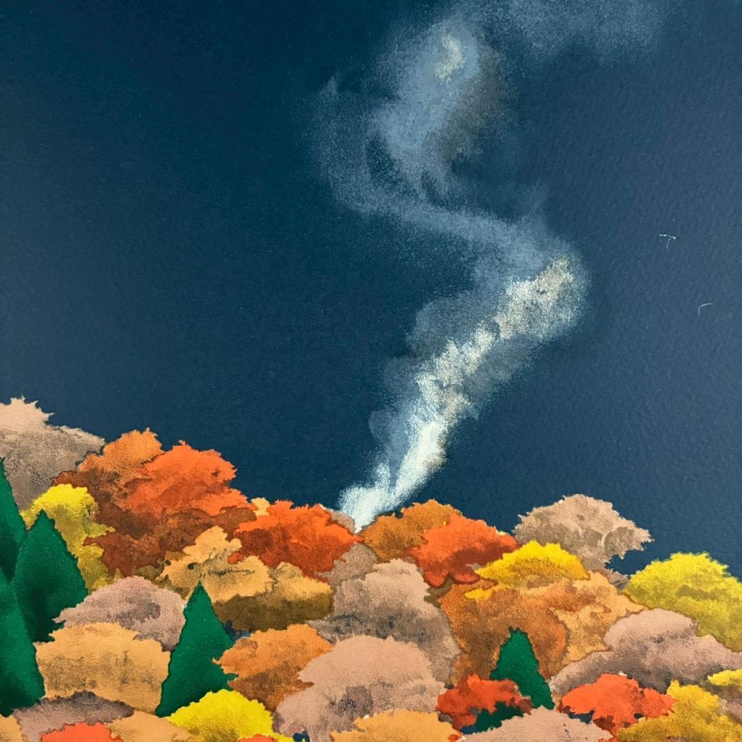 内田正泰「炭焼小屋の秋」リトグラフ 直筆サイン入り 額縁入り 風景画 紅葉